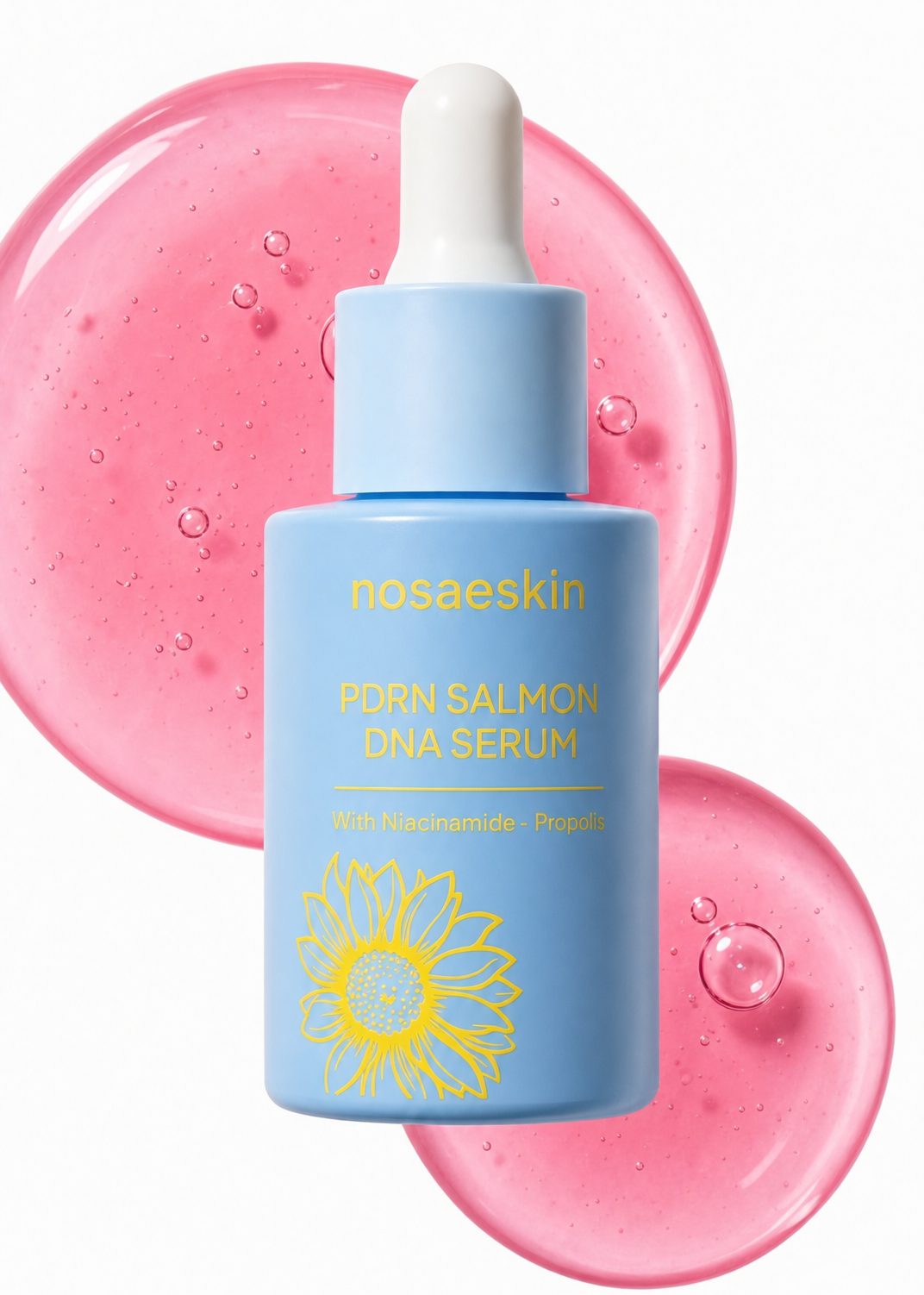 nosaeskin Salmon DNA Serum bottle on pink serum droplets